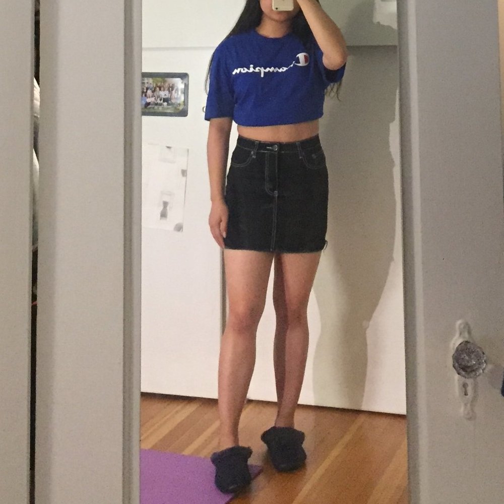 Contrast Stitch Destress Black Denim Skirt